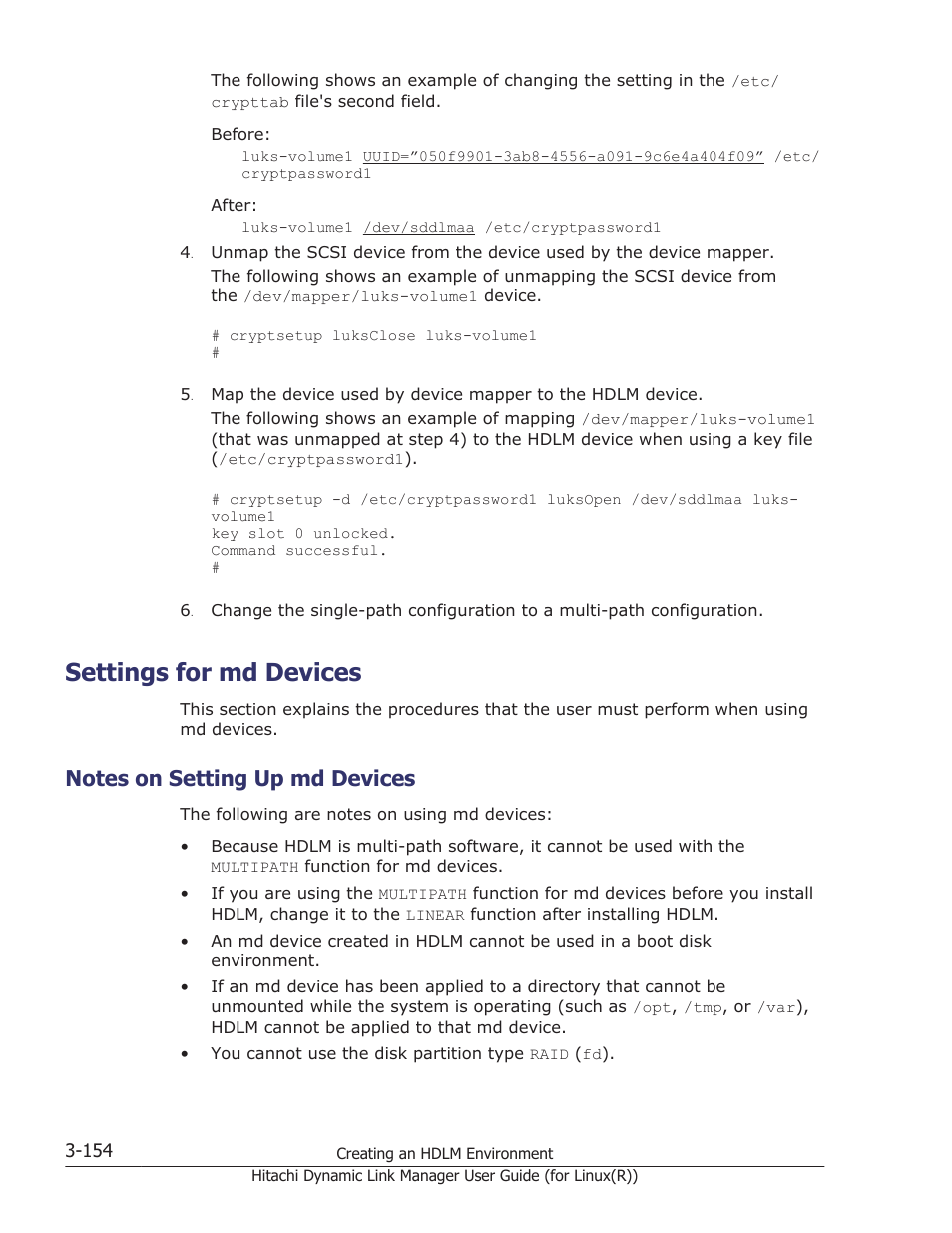 Settings for md devices, Notes on setting up md devices, Settings for md devices -154 | Notes on setting up md devices -154, For details about the md device settings, see, Settings for md devices on | HP XP P9500 Storage User Manual | Page 222 / 640