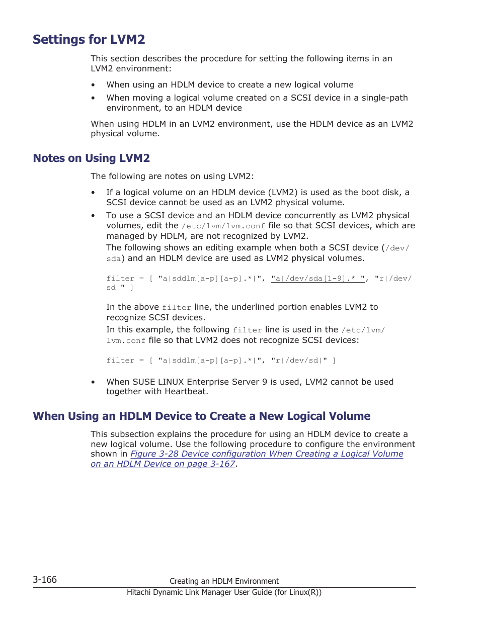 Settings for lvm2, Notes on using lvm2, Settings for lvm2 -166 | Notes on using lvm2 -166, Settings for | HP XP P9500 Storage User Manual | Page 234 / 640