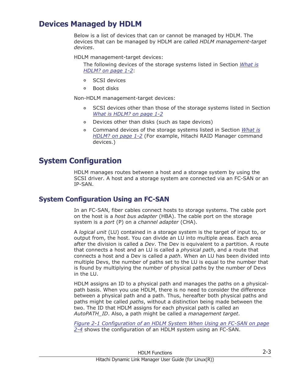 Devices managed by hdlm, System configuration, System configuration using an fc-san | Devices managed by hdlm -3, System configuration -3, System configuration using an fc-san -3 | HP XP P9500 Storage User Manual | Page 25 / 640