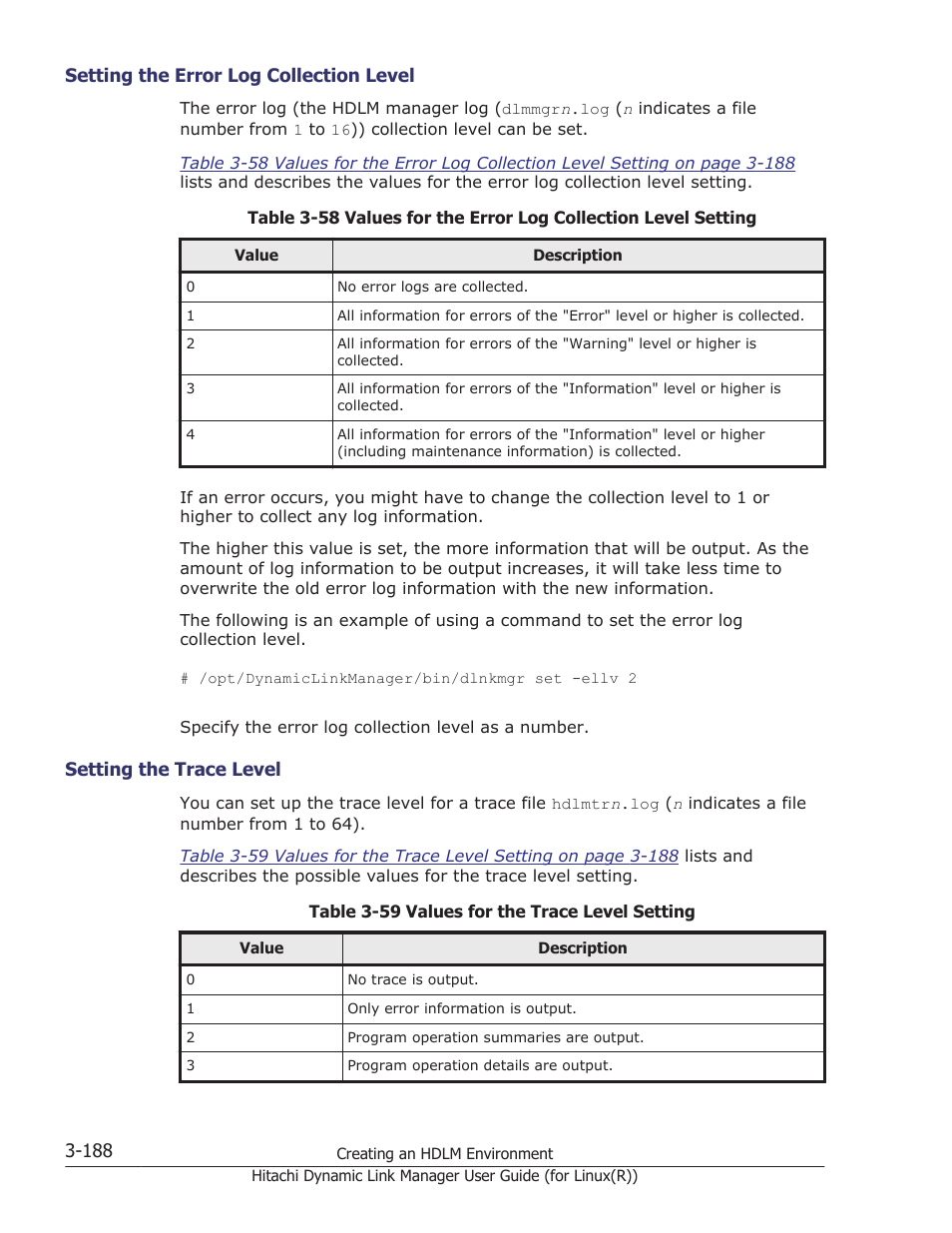 Setting the error log collection level -188, Setting the trace level -188 | HP XP P9500 Storage User Manual | Page 256 / 640