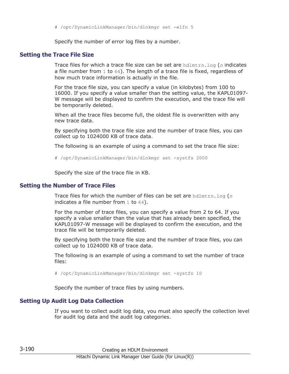 Setting the trace file size -190, Setting the number of trace files -190, Setting up audit log data collection -190 | HP XP P9500 Storage User Manual | Page 258 / 640