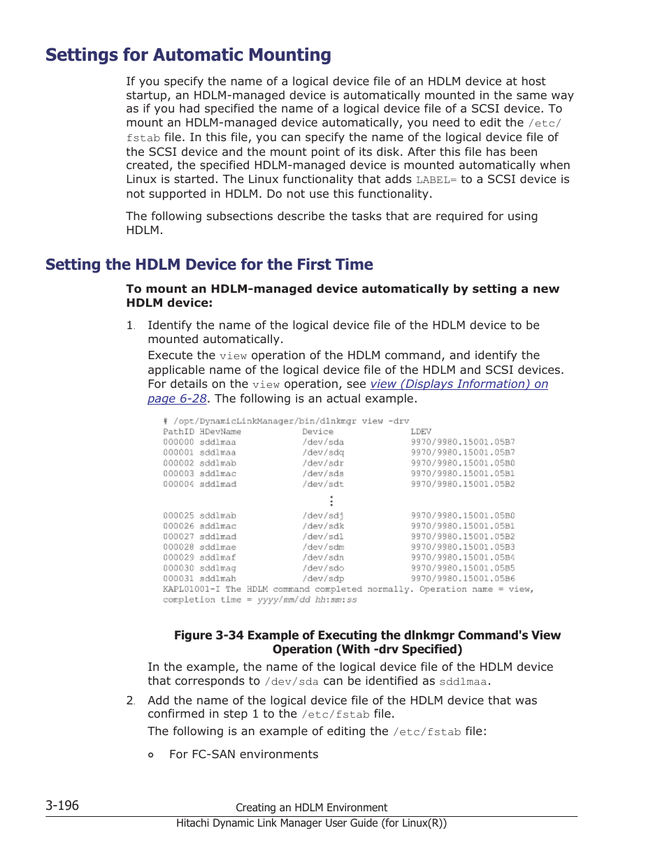 Settings for automatic mounting, Setting the hdlm device for the first time, Settings for automatic mounting -196 | Setting the hdlm device for the first time -196 | HP XP P9500 Storage User Manual | Page 264 / 640