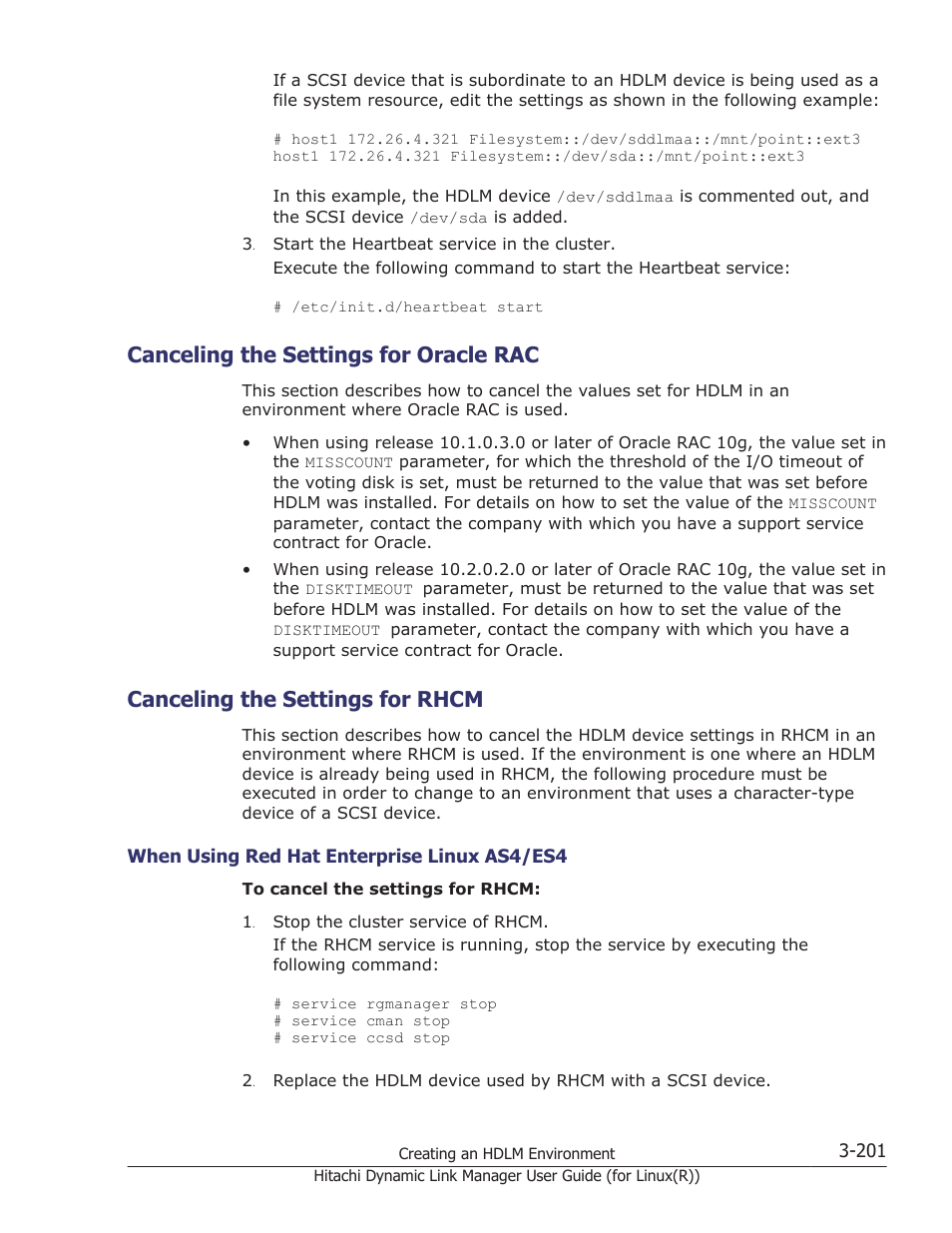 Canceling the settings for oracle rac, Canceling the settings for rhcm, Canceling the settings for oracle rac -201 | Canceling the settings for rhcm -201, When using red hat enterprise linux as4/es4 -201, Canceling the, For details on how to cancel the vcs | HP XP P9500 Storage User Manual | Page 269 / 640