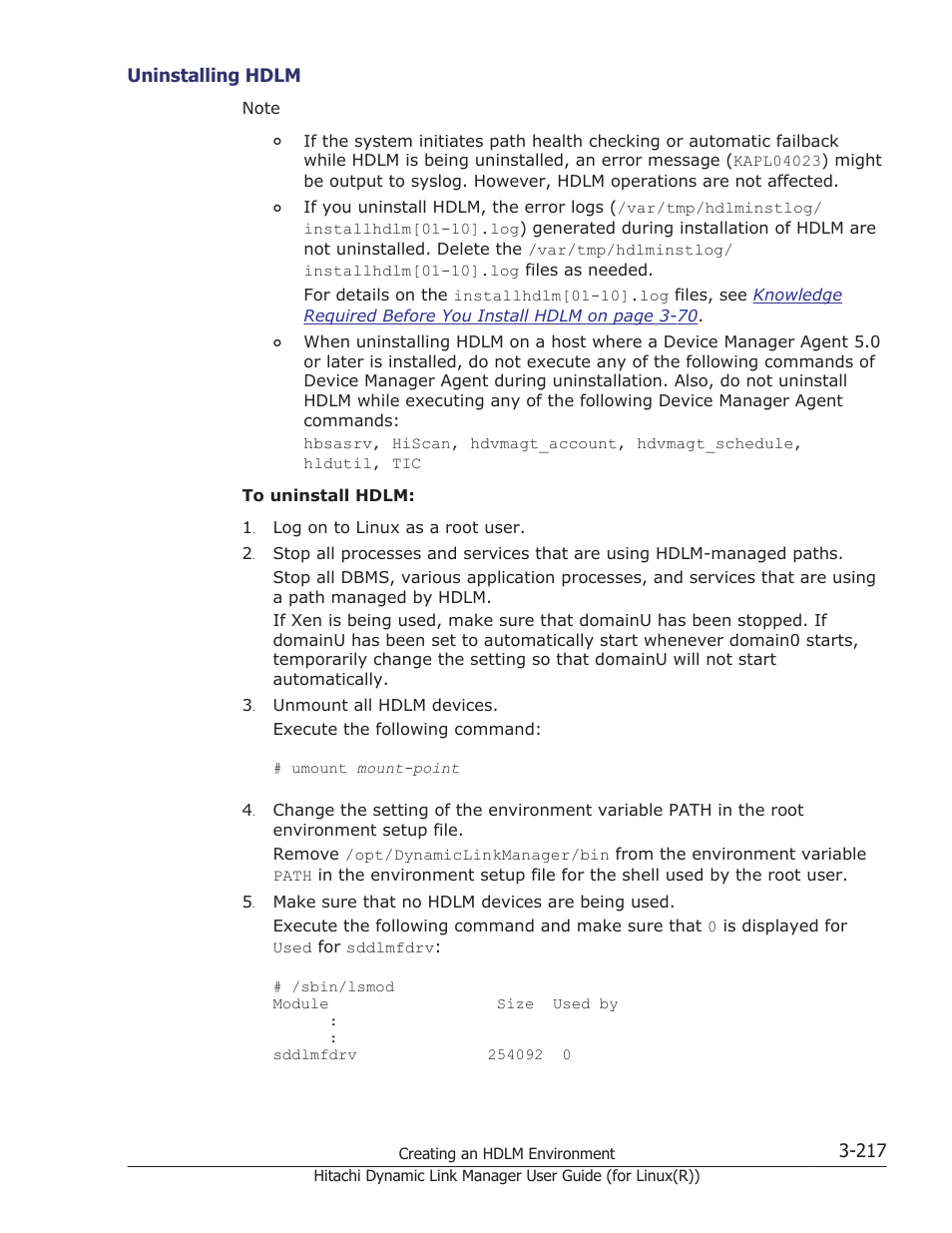 Uninstalling hdlm -217 | HP XP P9500 Storage User Manual | Page 285 / 640