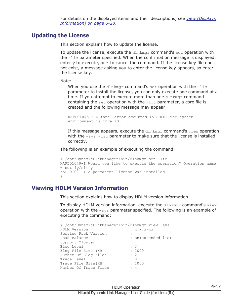 Updating the license, Viewing hdlm version information, Updating the license -17 | Viewing hdlm version information -17 | HP XP P9500 Storage User Manual | Page 313 / 640