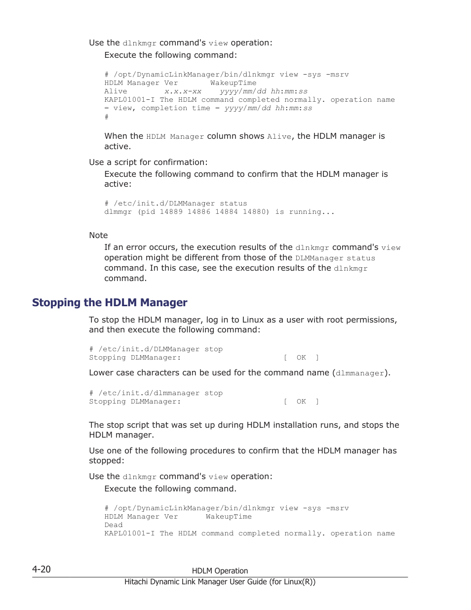 Stopping the hdlm manager, Stopping the hdlm manager -20 | HP XP P9500 Storage User Manual | Page 316 / 640