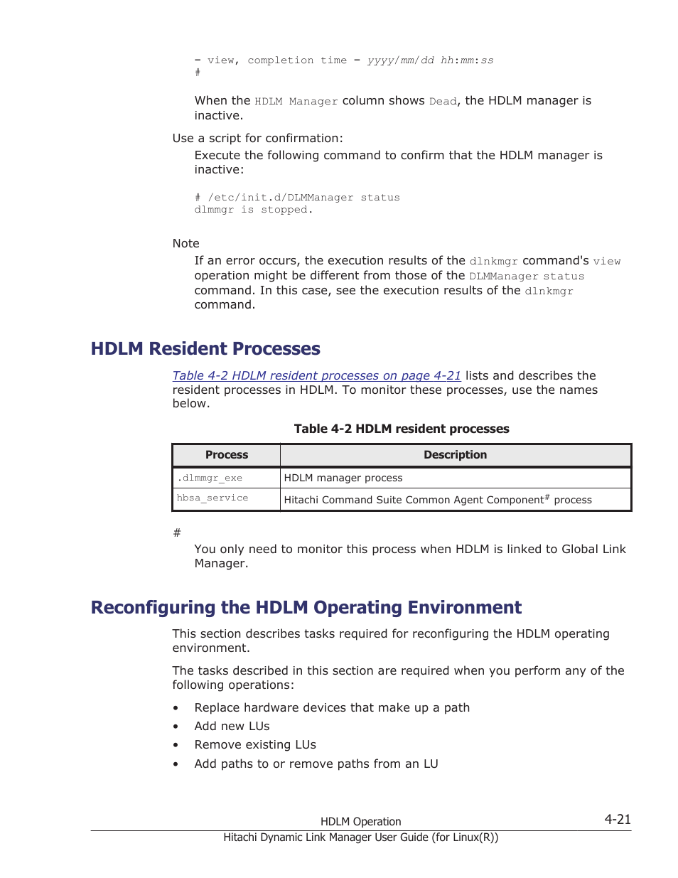 Hdlm resident processes, Reconfiguring the hdlm operating environment, Hdlm resident processes -21 | Reconfiguring the hdlm operating environment -21 | HP XP P9500 Storage User Manual | Page 317 / 640