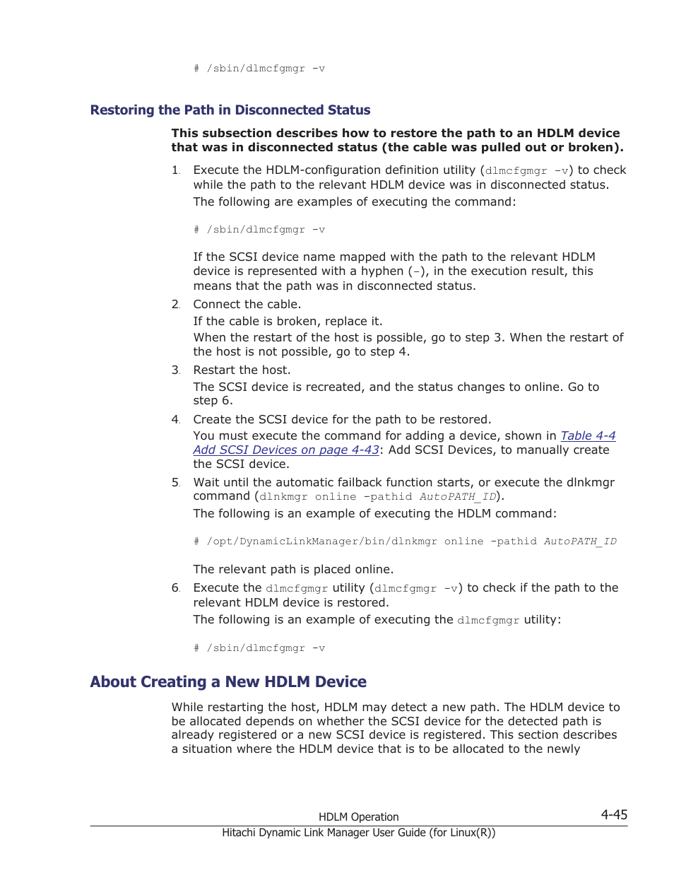 About creating a new hdlm device, Restoring the path in disconnected status -45, About creating a new hdlm device -45 | HP XP P9500 Storage User Manual | Page 341 / 640