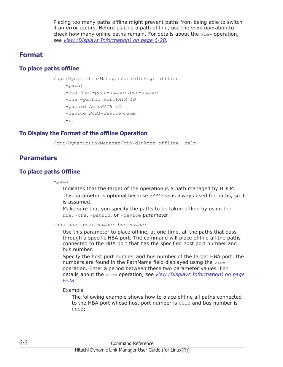 Format, Parameters, Format -6 | To place paths offline -6, To display the format of the offline operation -6, Parameters -6 | HP XP P9500 Storage User Manual | Page 358 / 640