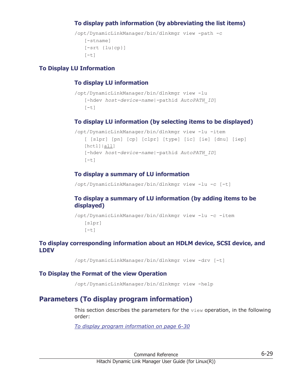 Parameters (to display program information), To display lu information -29, Ldev -29 | To display the format of the view operation -29, Parameters (to display program information) -29, Parameters, Only one case-sensitive | HP XP P9500 Storage User Manual | Page 381 / 640