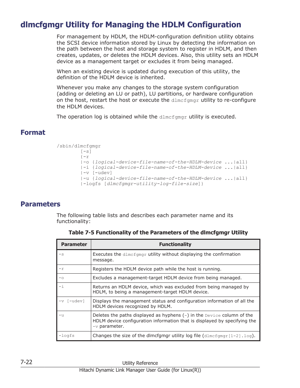 Format, Parameters, Format -22 | Parameters -22, Utility, see, Dlmcfgmgr utility, Dlmcfgmgr utility for managing the hdlm | HP XP P9500 Storage User Manual | Page 432 / 640