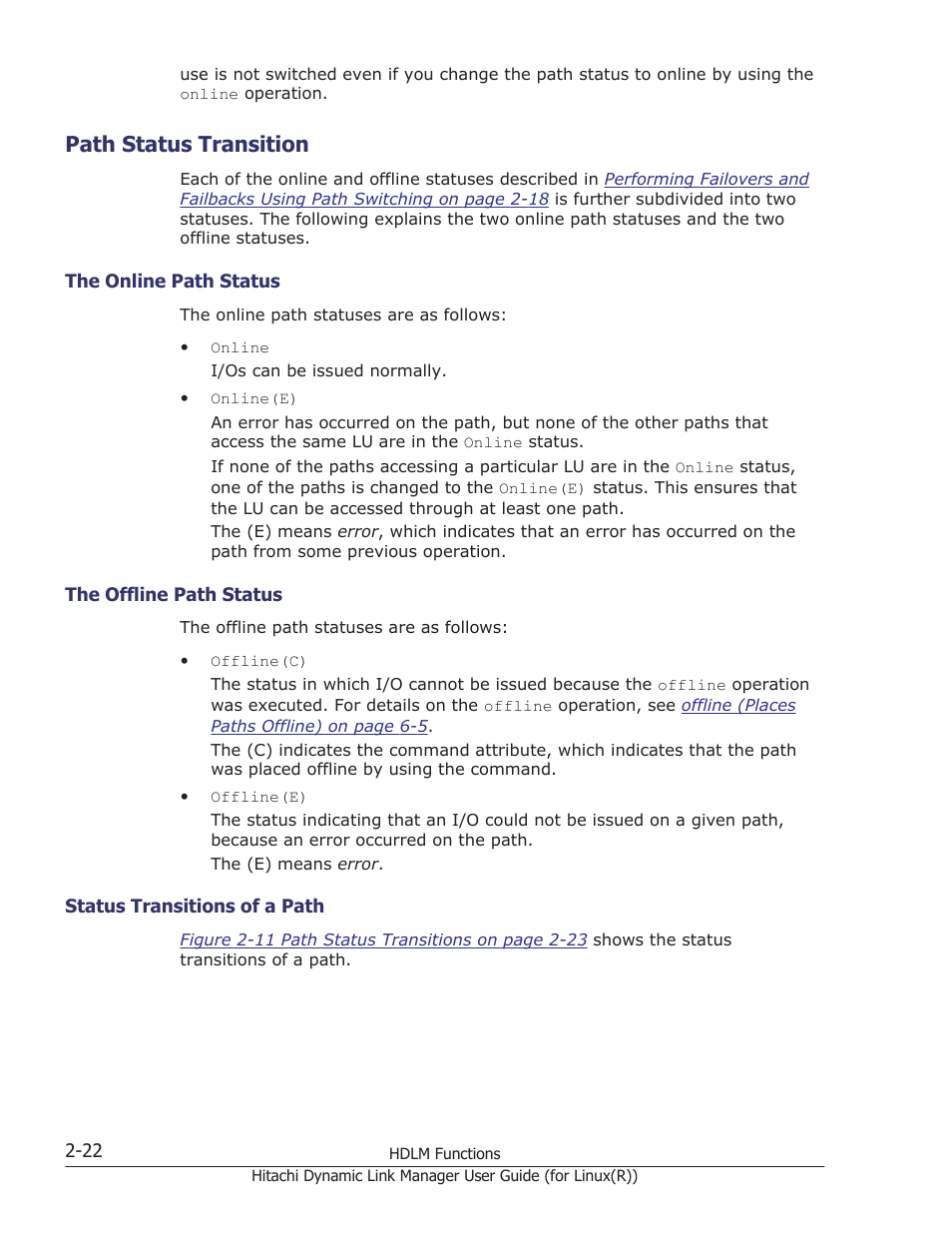 Path status transition, Path status transition -22, The online path status -22 | The offline path status -22, Status transitions of a path -22, Path | HP XP P9500 Storage User Manual | Page 44 / 640