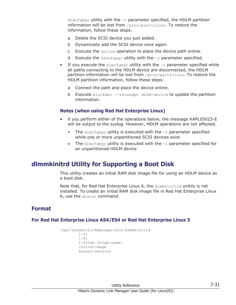 Dlmmkinitrd utility for supporting a boot disk, Format, Dlmmkinitrd utility for supporting a boot disk -31 | Format -31, Utility, see, Dlmmkinitrd utility for, Dlmmkinitrd | HP XP P9500 Storage User Manual | Page 441 / 640