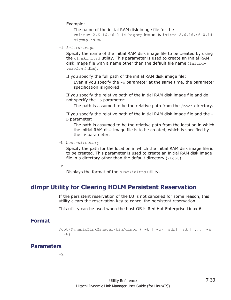 Format, Parameters, Format -33 | Parameters -33, Dlmpr utility for clearing hdlm | HP XP P9500 Storage User Manual | Page 443 / 640