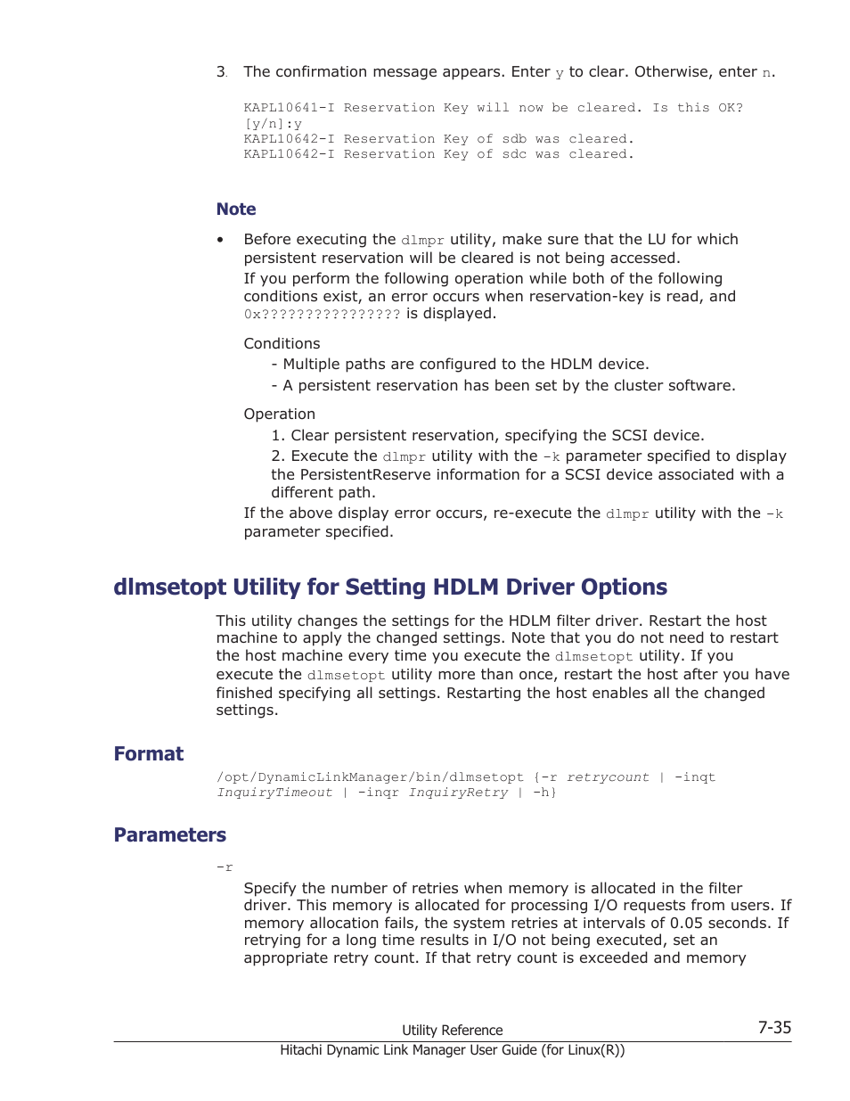 Dlmsetopt utility for setting hdlm driver options, Format, Parameters | Format -35, Parameters -35, For details on this utility, see, Dlmsetopt utility for setting hdlm driver, Utility, see | HP XP P9500 Storage User Manual | Page 445 / 640