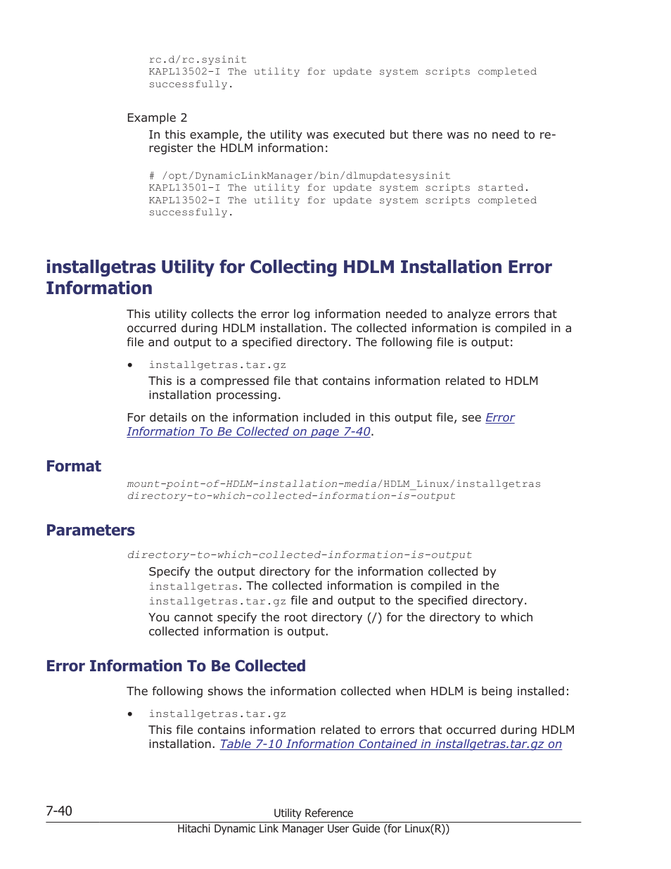 Format, Parameters, Error information to be collected | Format -40, Parameters -40, Error information to be collected -40, Installgetras utility for collecting, Installgetras | HP XP P9500 Storage User Manual | Page 450 / 640