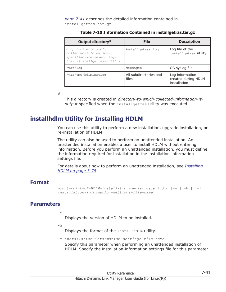 Installhdlm utility for installing hdlm, Format, Parameters | Installhdlm utility for installing hdlm -41, Format -41, Parameters -41, For details about | HP XP P9500 Storage User Manual | Page 451 / 640