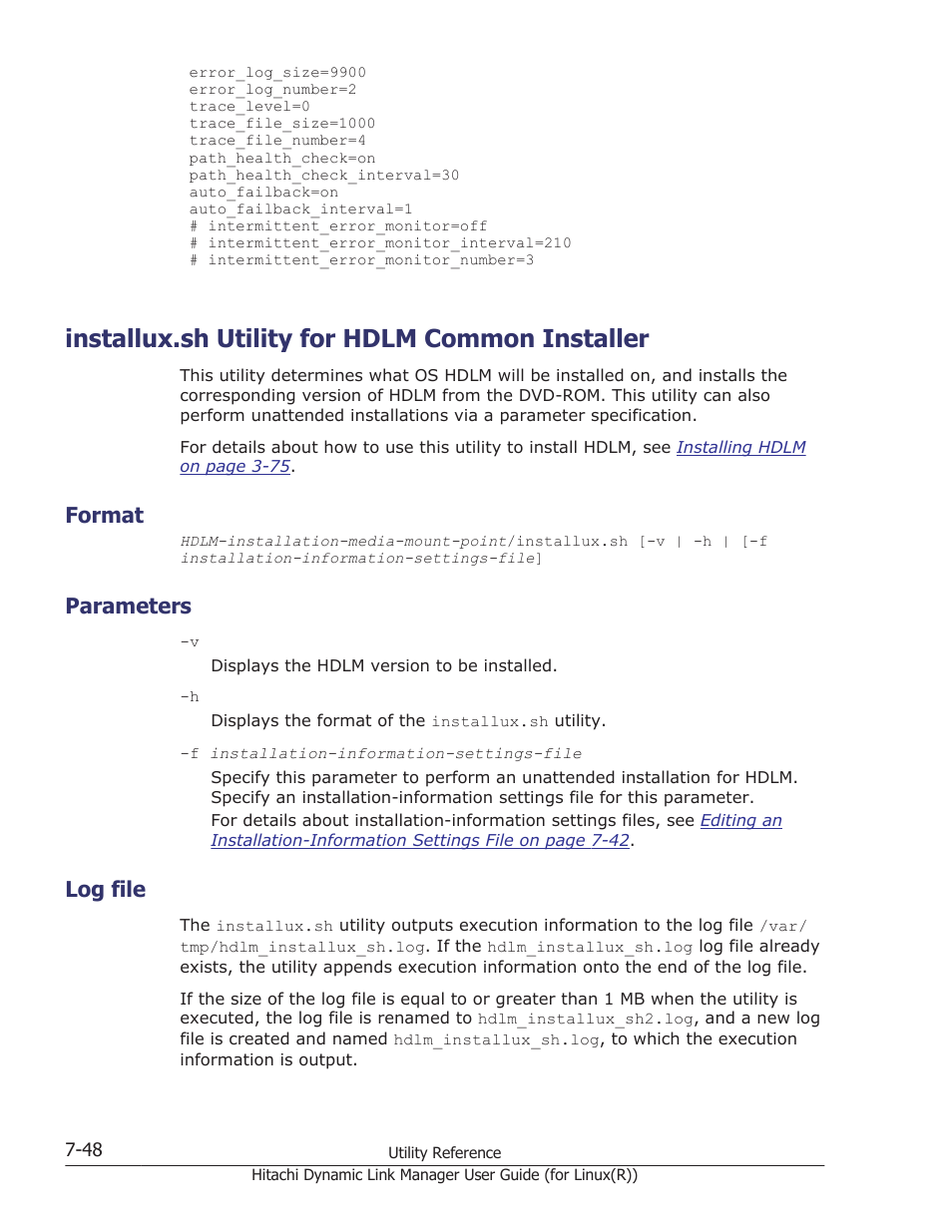 Installux.sh utility for hdlm common installer, Format, Parameters | Log file, Installux.sh utility for hdlm common installer -48, Format -48, Parameters -48, Log file -48 | HP XP P9500 Storage User Manual | Page 458 / 640