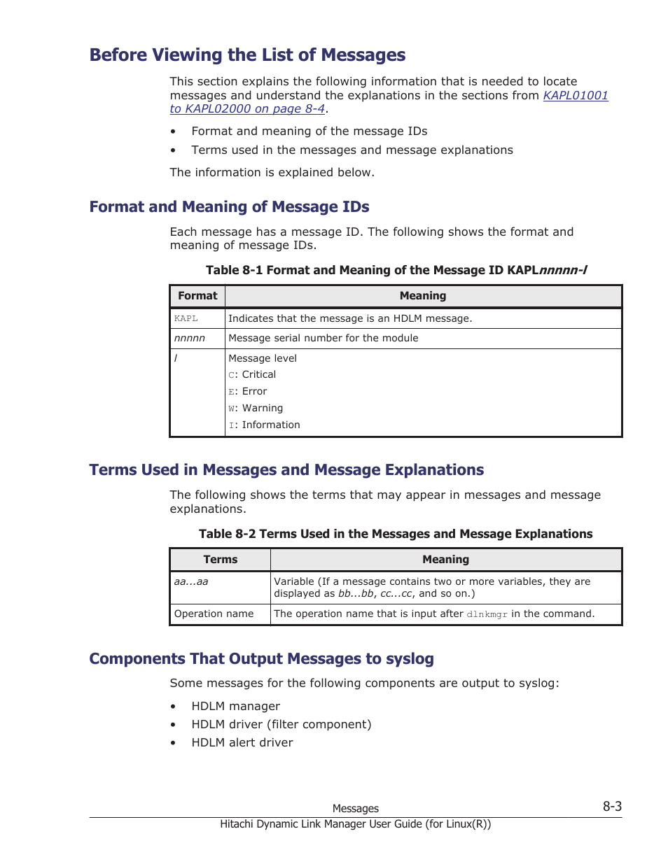 Before viewing the list of messages, Format and meaning of message ids, Terms used in messages and message explanations | Components that output messages to syslog, Before viewing the list of messages -3, Format and meaning of message ids -3, Terms used in messages and message explanations -3, Components that output messages to syslog -3, For details on the level of the message, see, Format and meaning of message | HP XP P9500 Storage User Manual | Page 463 / 640