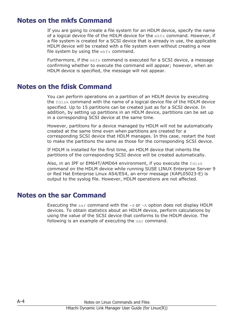 Notes on the mkfs command, Notes on the fdisk command, Notes on the sar command | HP XP P9500 Storage User Manual | Page 602 / 640