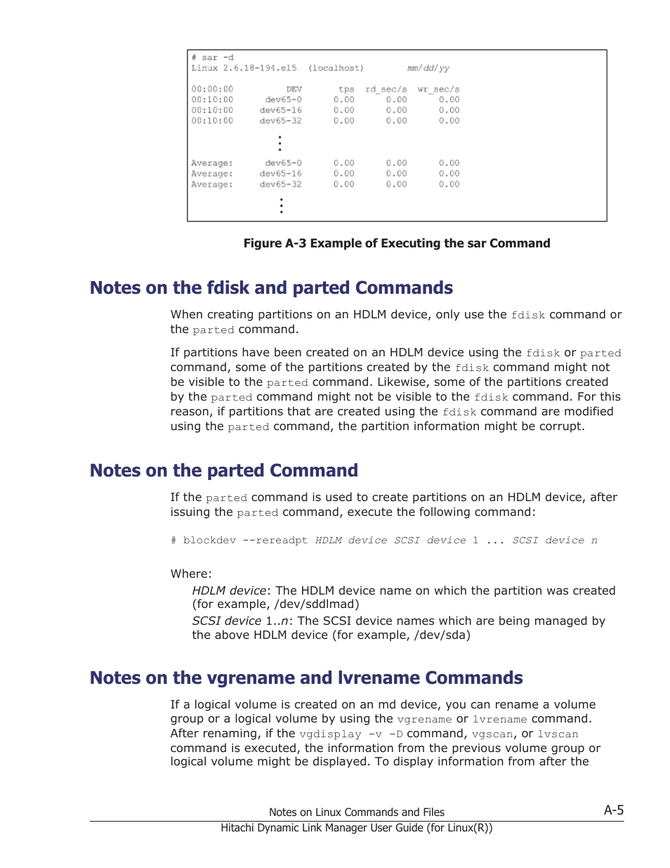 Notes on the fdisk and parted commands, Notes on the parted command, Notes on the vgrename and lvrename commands | HP XP P9500 Storage User Manual | Page 603 / 640