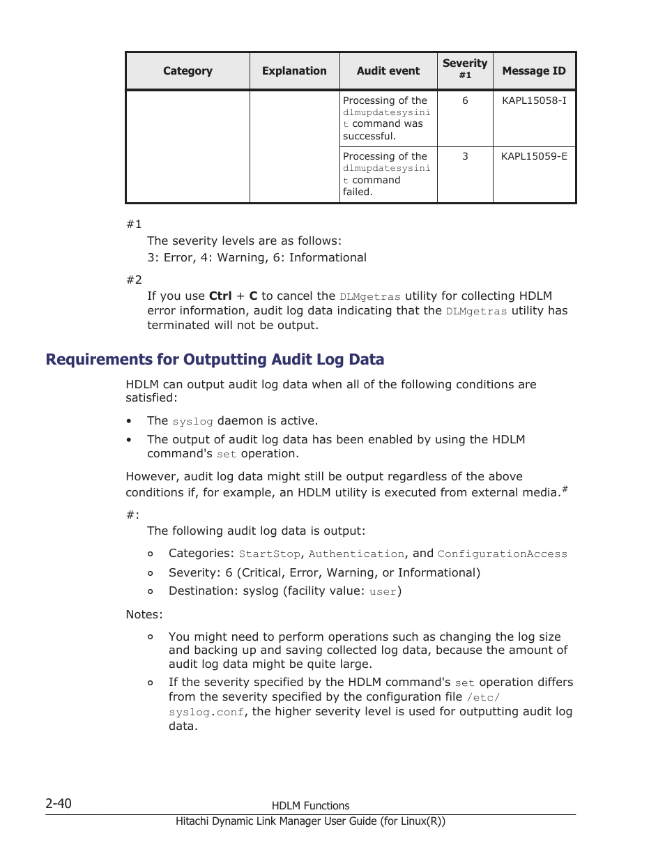 Requirements for outputting audit log data, Requirements for outputting audit log data -40 | HP XP P9500 Storage User Manual | Page 62 / 640