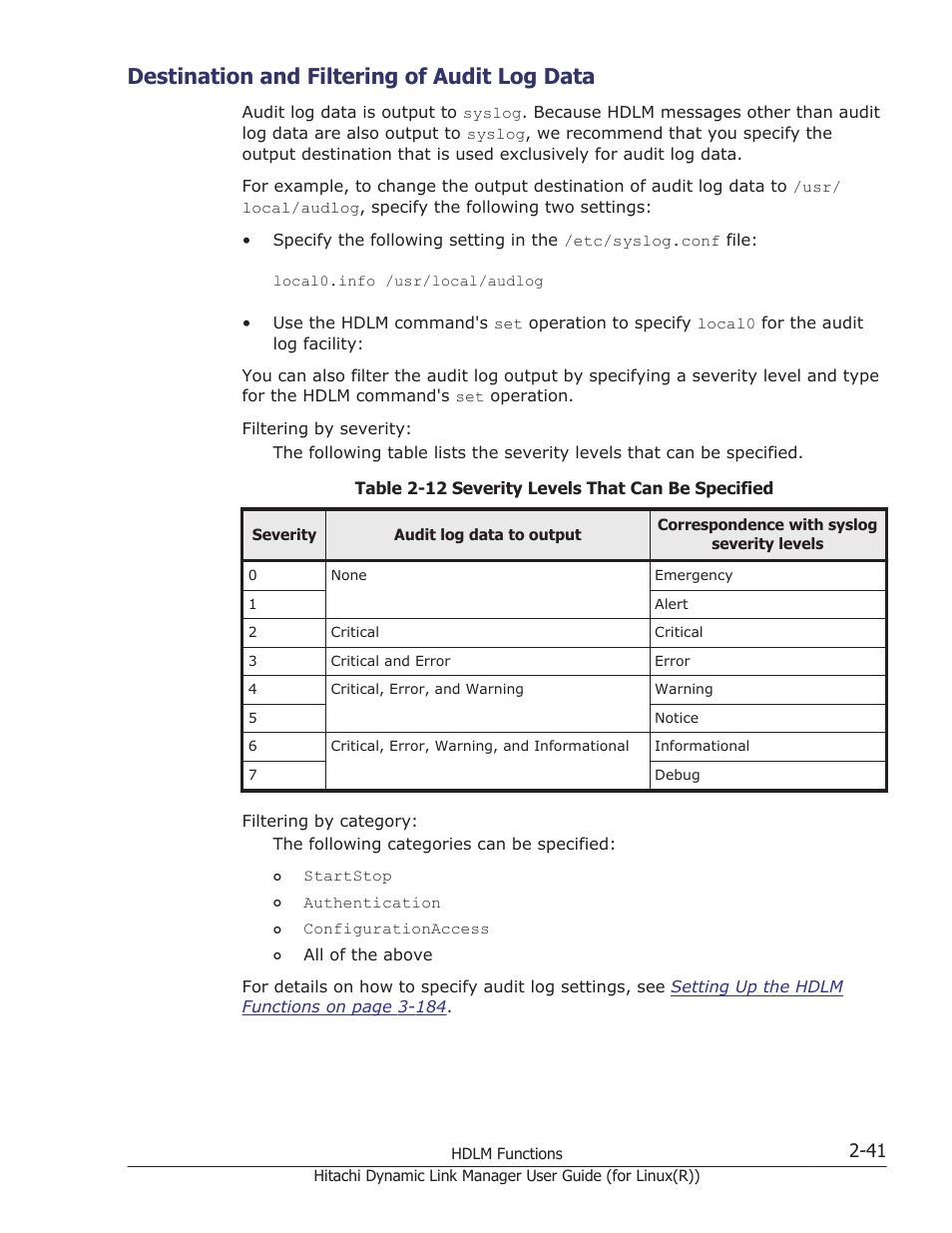 Destination and filtering of audit log data, Destination and filtering of audit log data -41 | HP XP P9500 Storage User Manual | Page 63 / 640