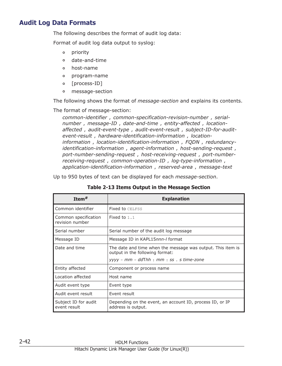 Audit log data formats, Audit log data formats -42 | HP XP P9500 Storage User Manual | Page 64 / 640