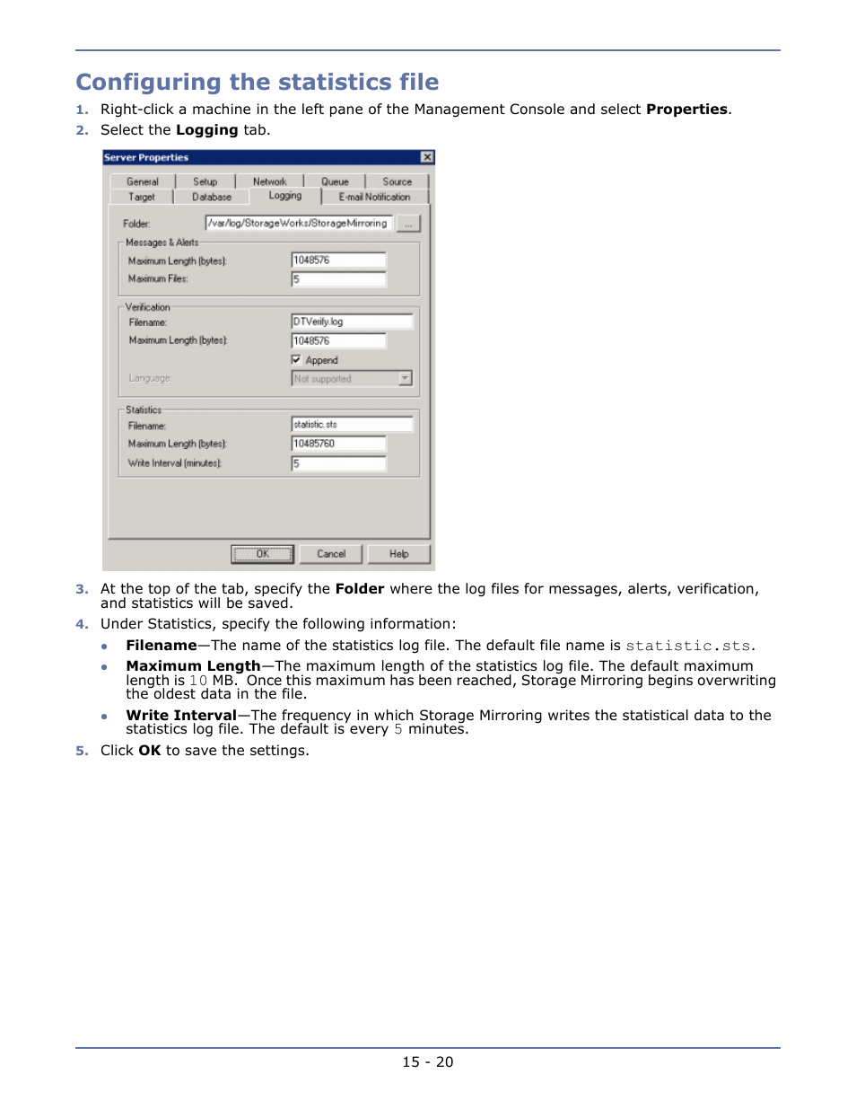 Configuring the statistics file, Configuring the statistics file -20 | HP Storage Mirroring Software User Manual | Page 106 / 134