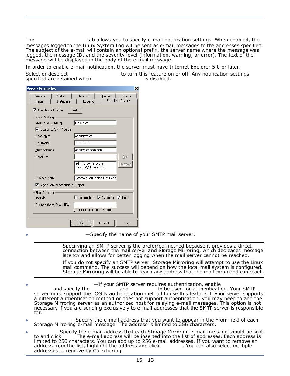 E-mail notification | HP Storage Mirroring Software User Manual | Page 129 / 134