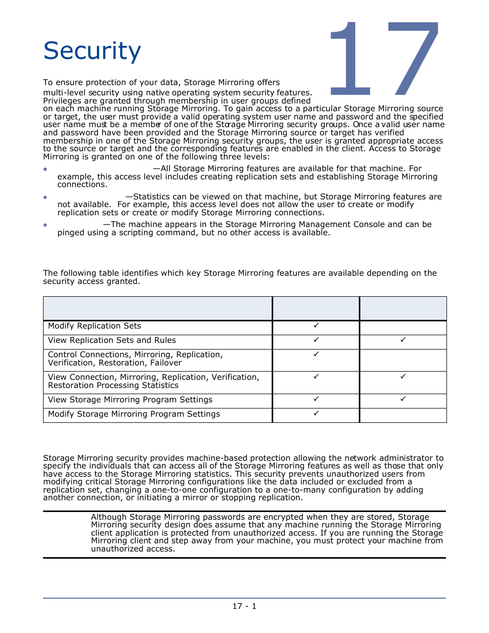 Security, Security access levels, Security advantages and considerations | HP Storage Mirroring Software User Manual | Page 131 / 134