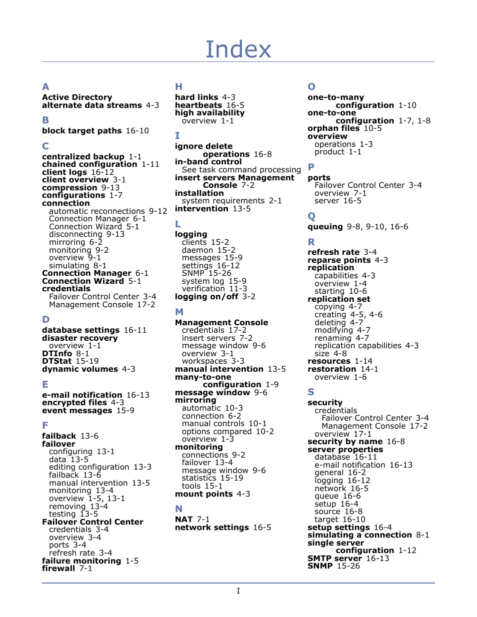 Index | HP Storage Mirroring Software User Manual | Page 133 / 134