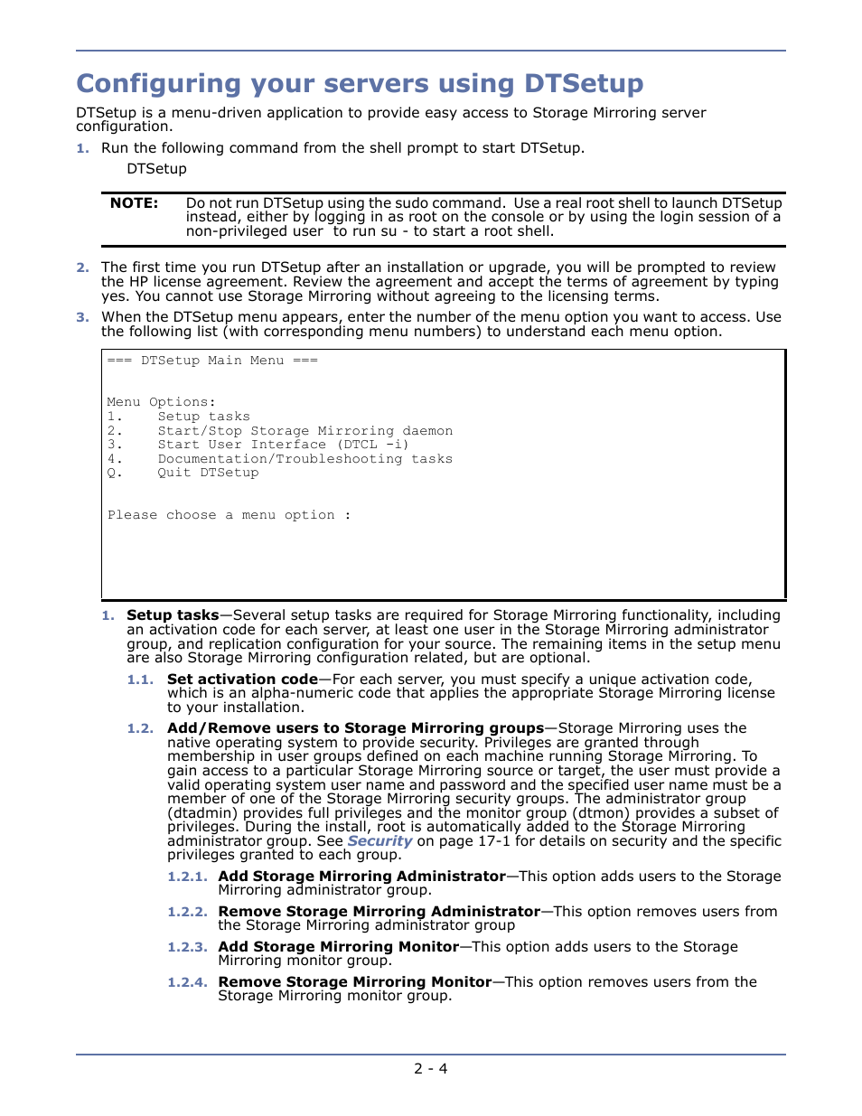 Configuring your servers using dtsetup | HP Storage Mirroring Software User Manual | Page 23 / 134