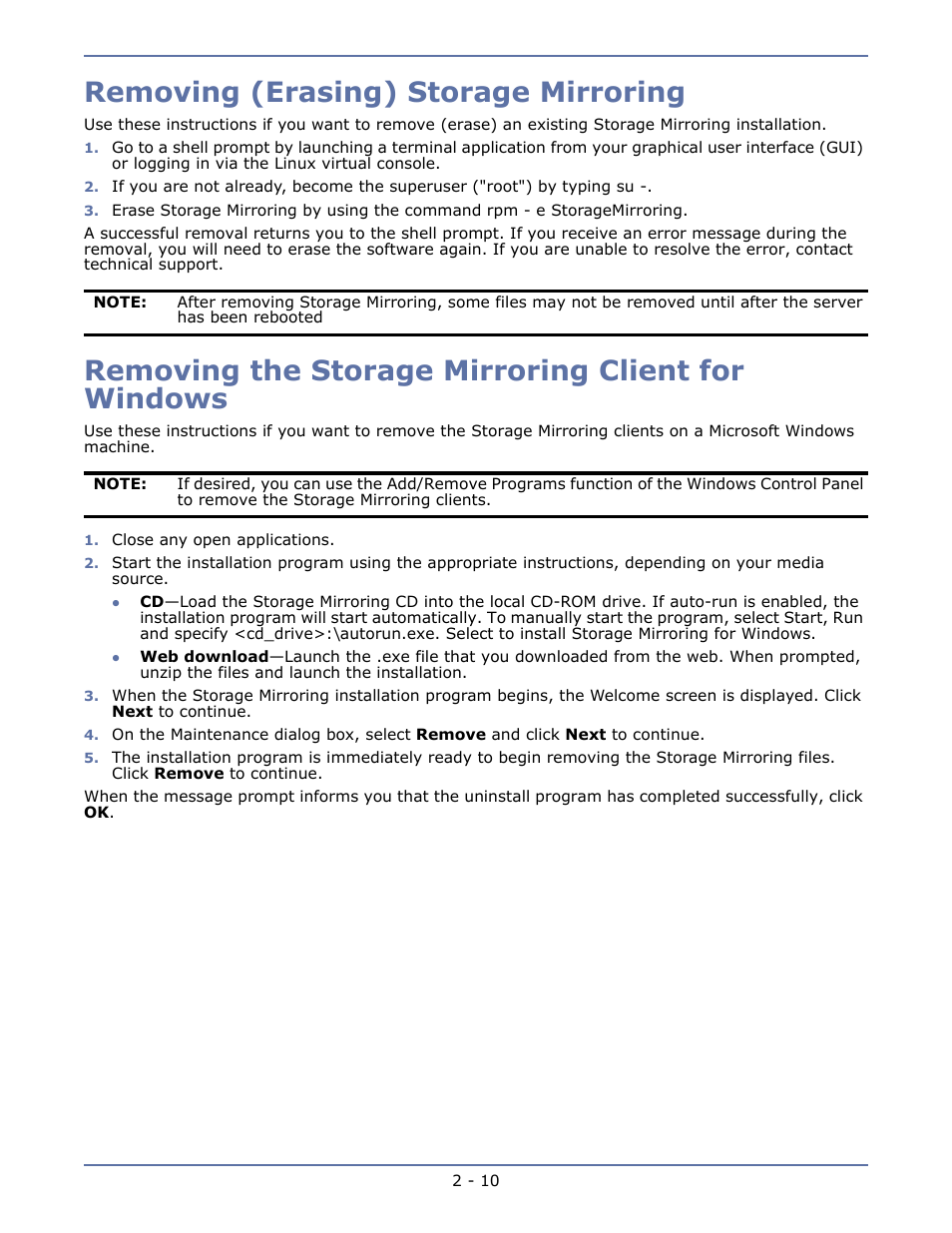 Removing (erasing) storage mirroring, Removing the storage mirroring client for windows | HP Storage Mirroring Software User Manual | Page 29 / 134