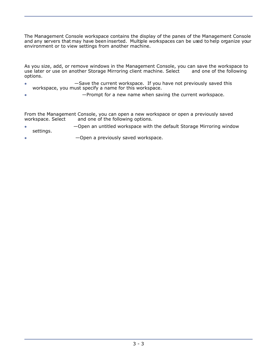 Storage mirroring workspaces, Saving a workspace, Opening a workspace | Saving a workspace -3 opening a workspace -3 | HP Storage Mirroring Software User Manual | Page 32 / 134