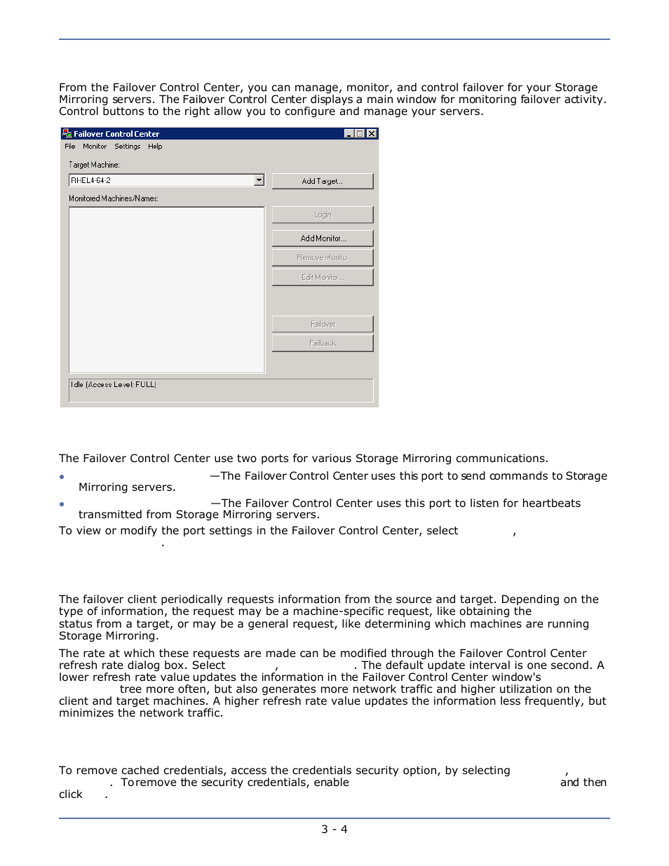 Failover control center, Configuring communication ports, Configuring refresh rate | Clearing maintained security credentials, Failover control center -4 | HP Storage Mirroring Software User Manual | Page 33 / 134