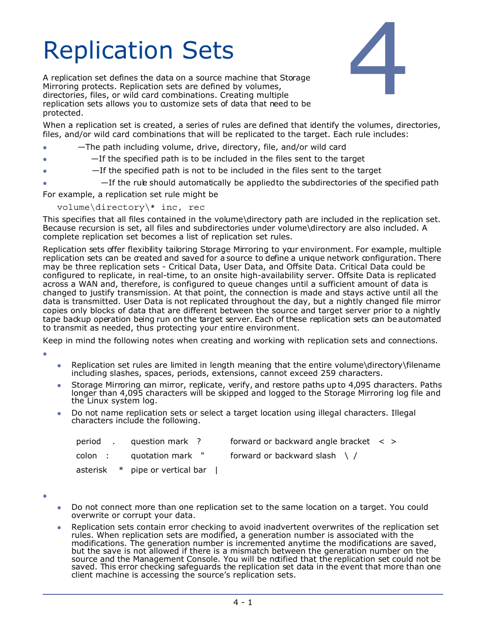 Replication sets, Chapter 4 replication sets -1 | HP Storage Mirroring Software User Manual | Page 34 / 134