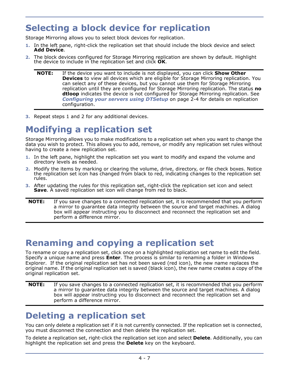 Selecting a block device for replication, Modifying a replication set, Renaming and copying a replication set | Deleting a replication set | HP Storage Mirroring Software User Manual | Page 40 / 134