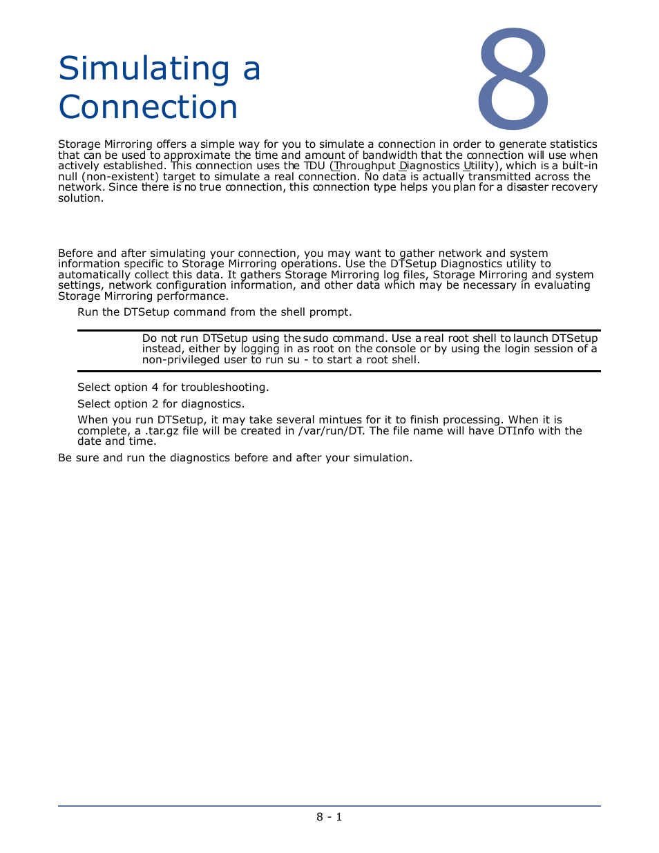 Simulating a connection, Gathering system information, Chapter 8 simulating a connection -1 | Gathering system information -1 | HP Storage Mirroring Software User Manual | Page 49 / 134
