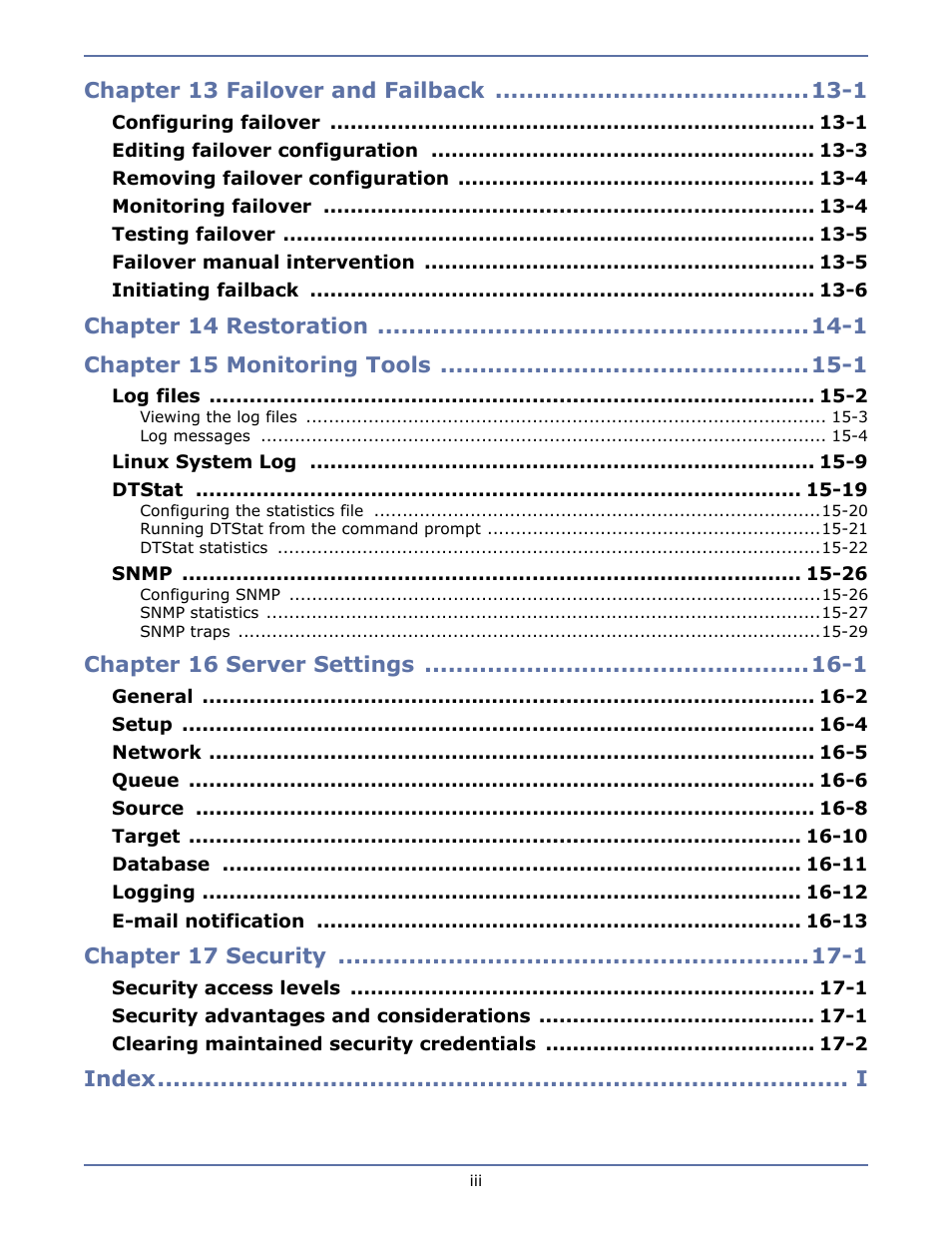 Chapter 13 failover and failback -1, Chapter 16 server settings -1, Chapter 17 security -1 | HP Storage Mirroring Software User Manual | Page 5 / 134