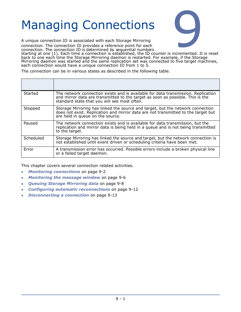 Managing connections, Chapter 9 managing connections -1 | HP Storage Mirroring Software User Manual | Page 51 / 134