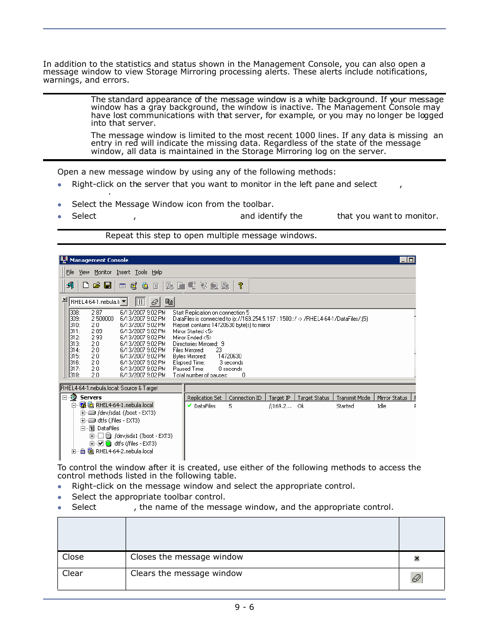 Monitoring the message window, Monitoring the message window -6 | HP Storage Mirroring Software User Manual | Page 56 / 134