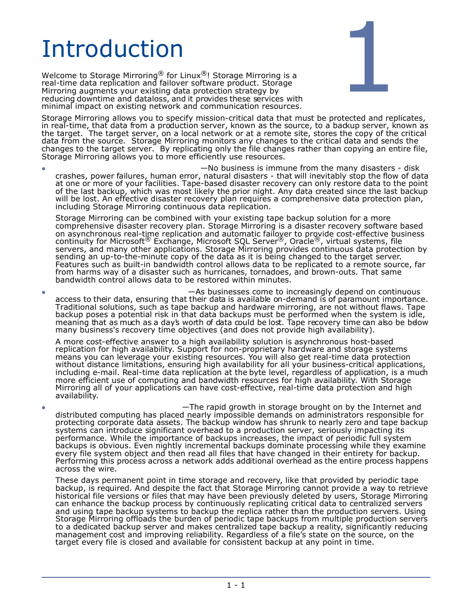 Introduction, Chapter 1 introduction -1 | HP Storage Mirroring Software User Manual | Page 6 / 134