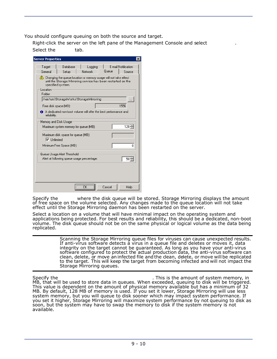 Configuring queuing, Configuring queuing -10 | HP Storage Mirroring Software User Manual | Page 60 / 134
