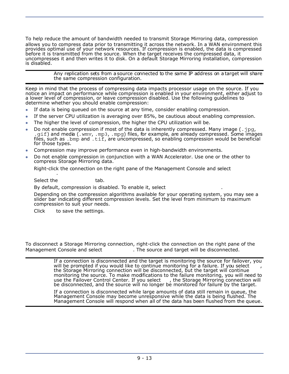 Configuring compression, Disconnecting a connection, Configuring compression -13 | Disconnecting a connection -13 | HP Storage Mirroring Software User Manual | Page 63 / 134