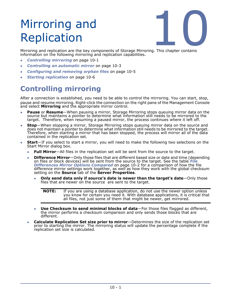 Mirroring and replication, Controlling mirroring, Chapter 10 mirroring and replication -1 | Controlling mirroring -1 | HP Storage Mirroring Software User Manual | Page 64 / 134