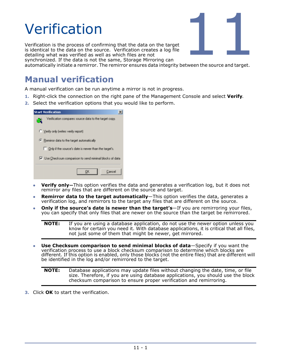 Verification, Manual verification, Chapter 11 verification -1 | Manual verification -1 | HP Storage Mirroring Software User Manual | Page 70 / 134