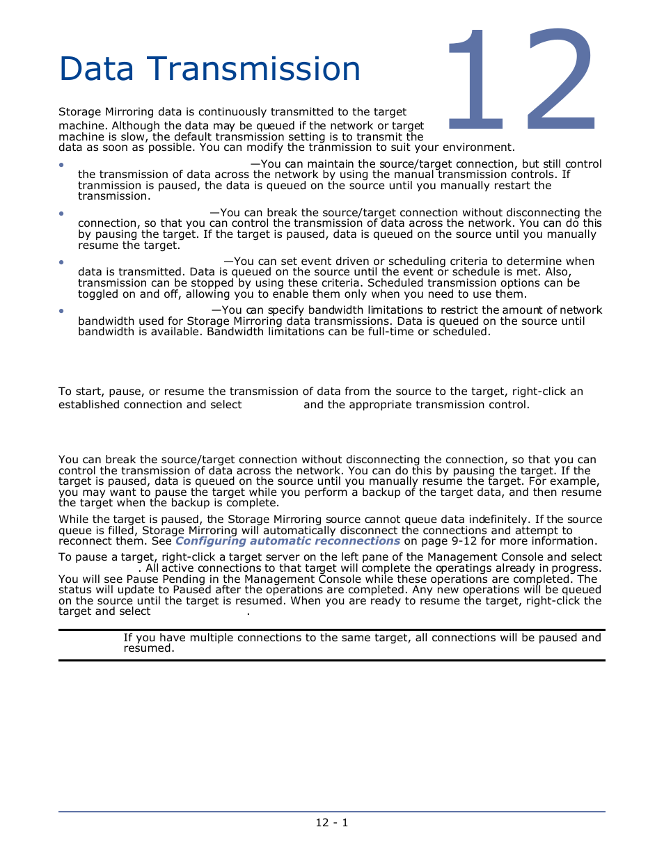 Data transmission, Controlling transmission manually, Controlling a target manually | Chapter 12 data transmission -1 | HP Storage Mirroring Software User Manual | Page 73 / 134