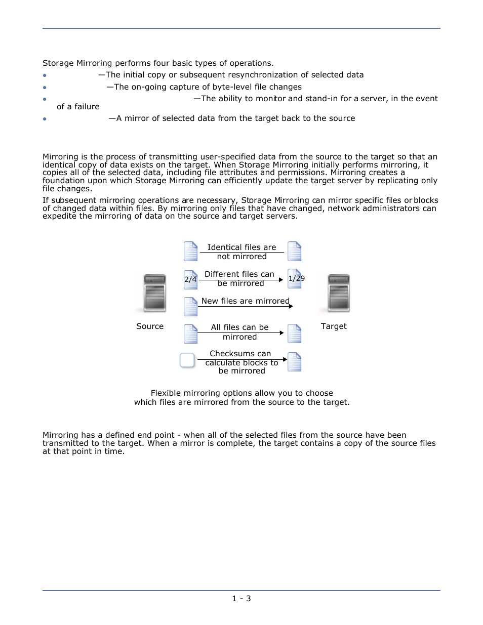 Storage mirroring operations, Mirroring, Storage mirroring operations -3 | Mirroring -3 | HP Storage Mirroring Software User Manual | Page 8 / 134