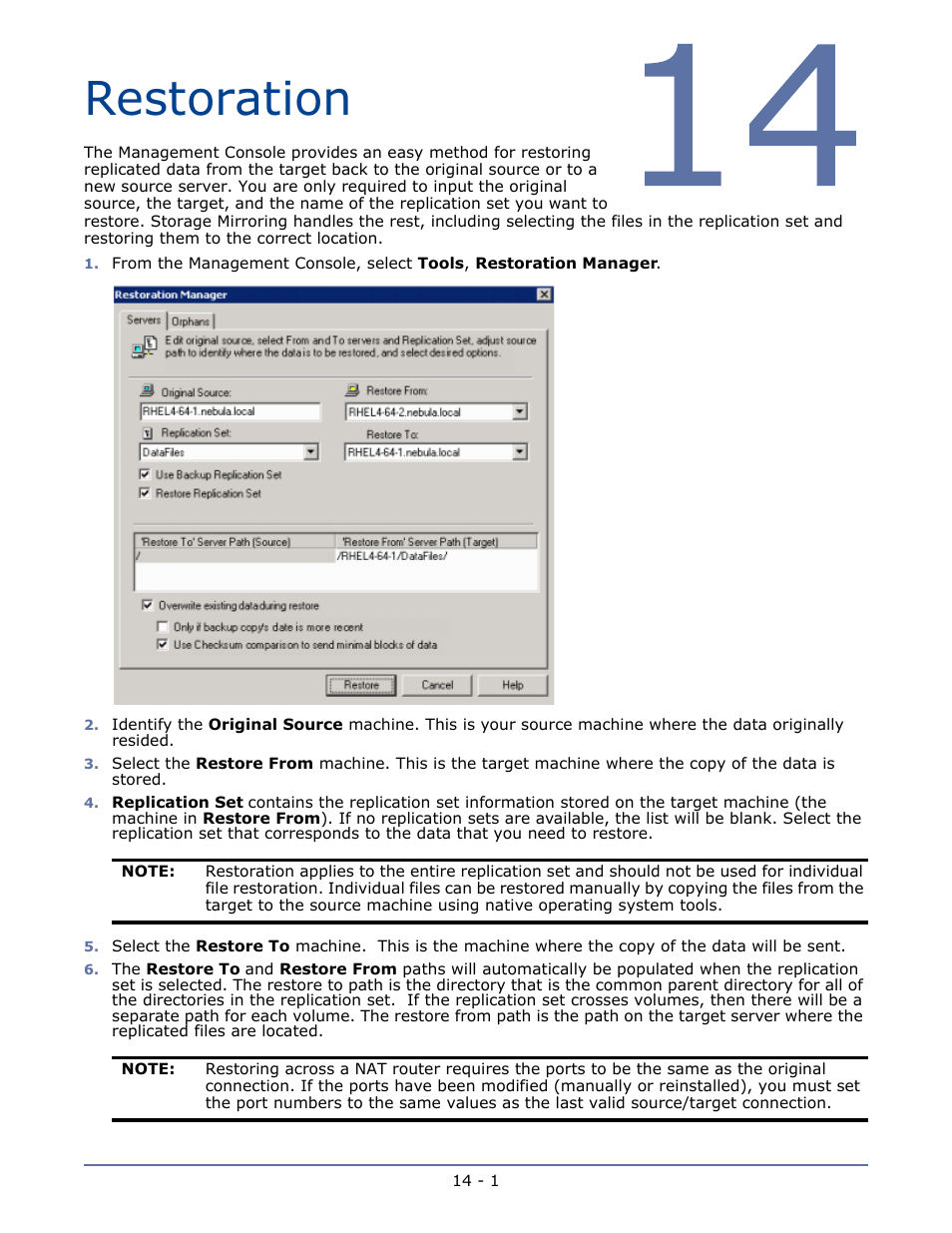 Restoration, Chapter 14 restoration -1 | HP Storage Mirroring Software User Manual | Page 85 / 134